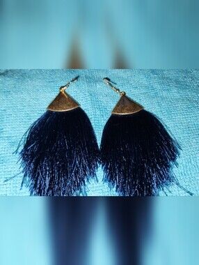 Navy Tassel Drop Earrings with Gold Accents.